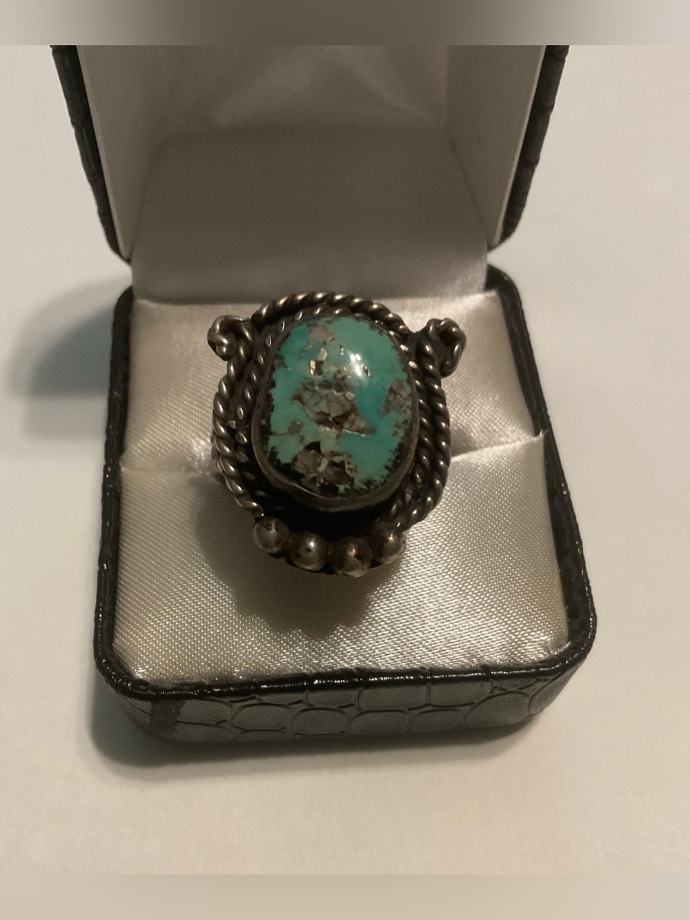 Silver Ring Size 10 1/2, Blue Turquoise Oval Bezel Set Stone